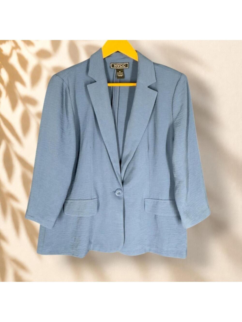 NYCC Blazer Women M Medium Blue One Button Collared 3/4 Sleeve Career Pockets